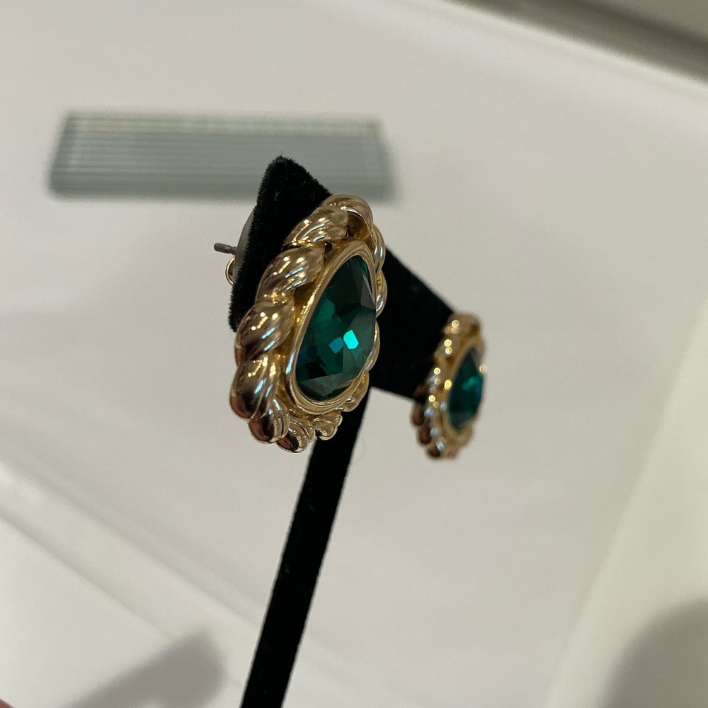 Gold and Green Teardrop Earrings - Picture 5 of 8